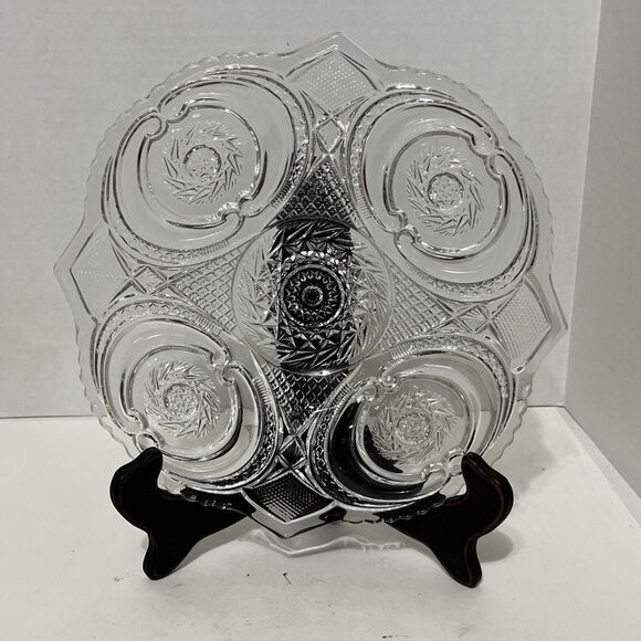 Vtg US Glass Buzz Saw in Parenthesis Victoria Daisy & Scroll Clear Plate 10.5” - Picture 1 of 5
